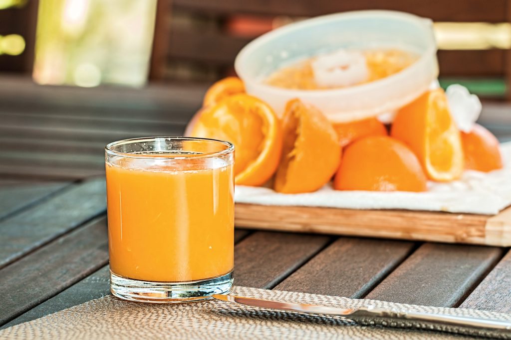 A fresh glass of orange juice
